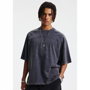 SGC美式BOXY插肩短宽款做旧圆领短袖重磅285g肩博拼接洗水T恤男