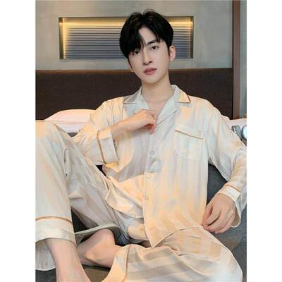 法国LITT睡衣男春秋长袖薄款大码宽松长袖桑蚕丝家居服真丝绸套装