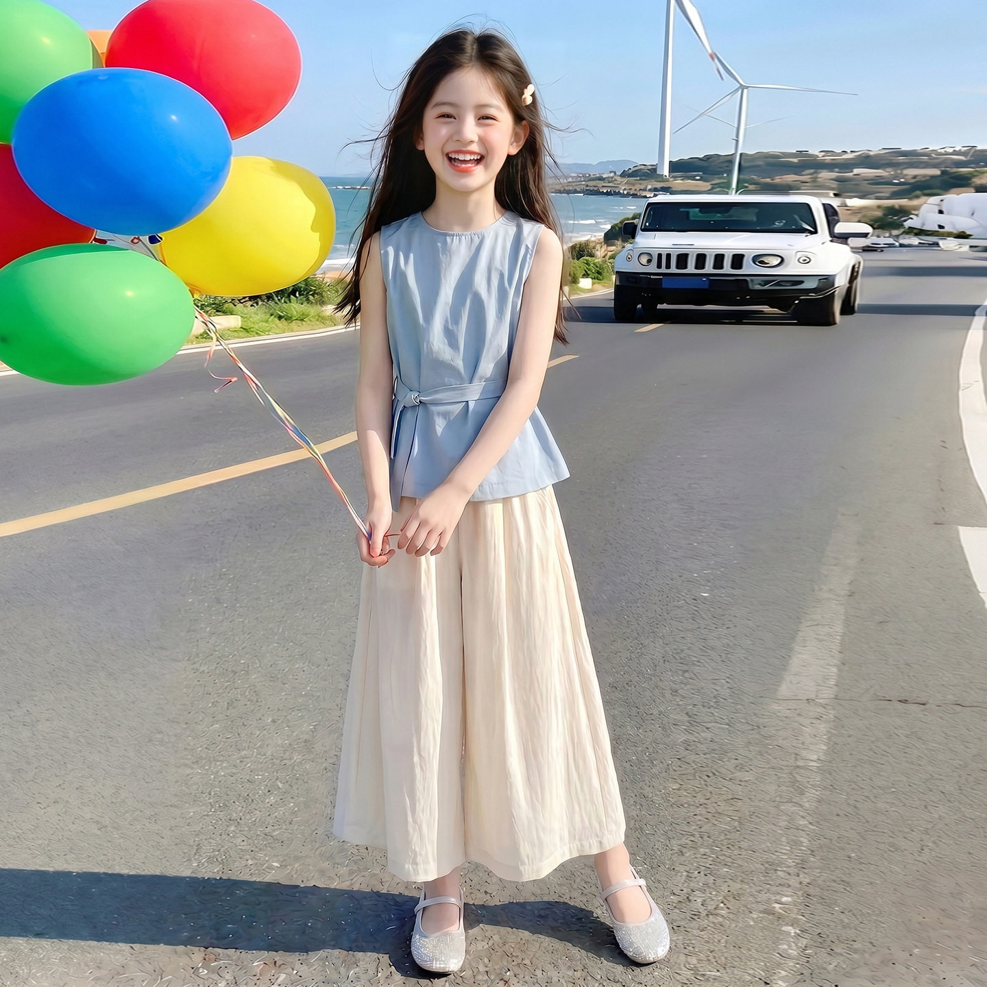 女童夏季套装2026新款中大童时尚洋气无袖设计感上衣阔腿裤套装