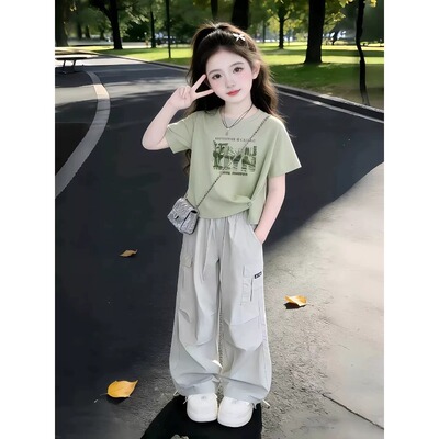 女童夏套装2026新款儿童洋气韩版短袖T恤夏季女孩工装裤两件套潮t