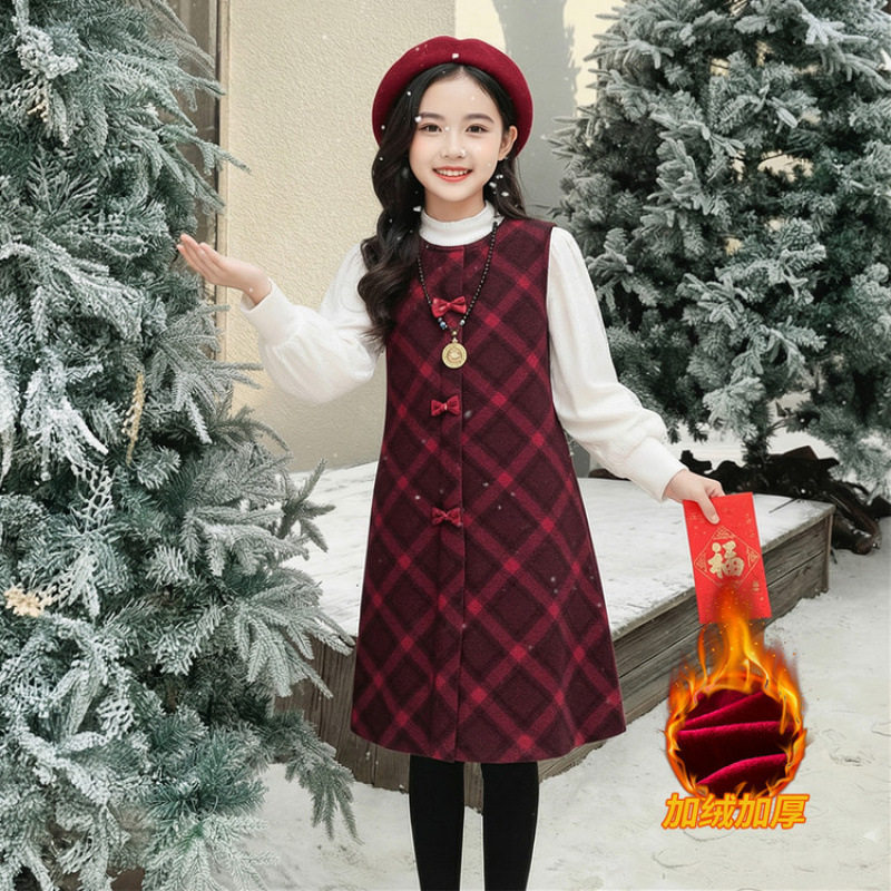 女童连衣裙套装秋冬2025新款儿童加绒毛呢背心裙子中童年服公主裙