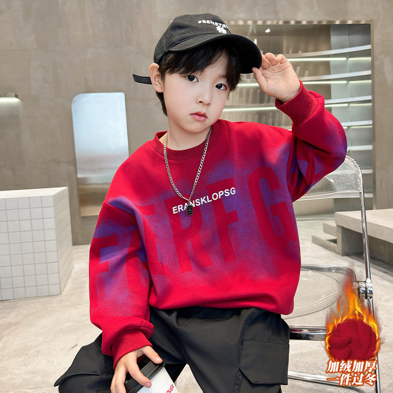 男童秋冬红色卫衣2025新款儿童加绒T恤帅气上衣中大童长袖体恤潮t