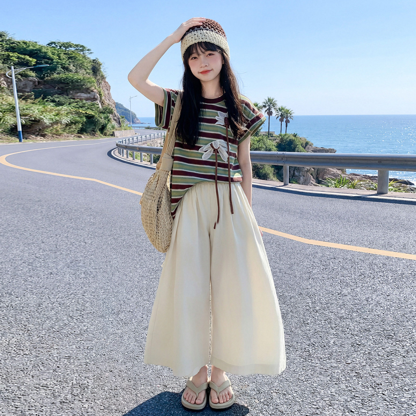 女童夏季休闲套装2026新款儿童韩版条纹短袖上衣阔腿裤两件套洋气