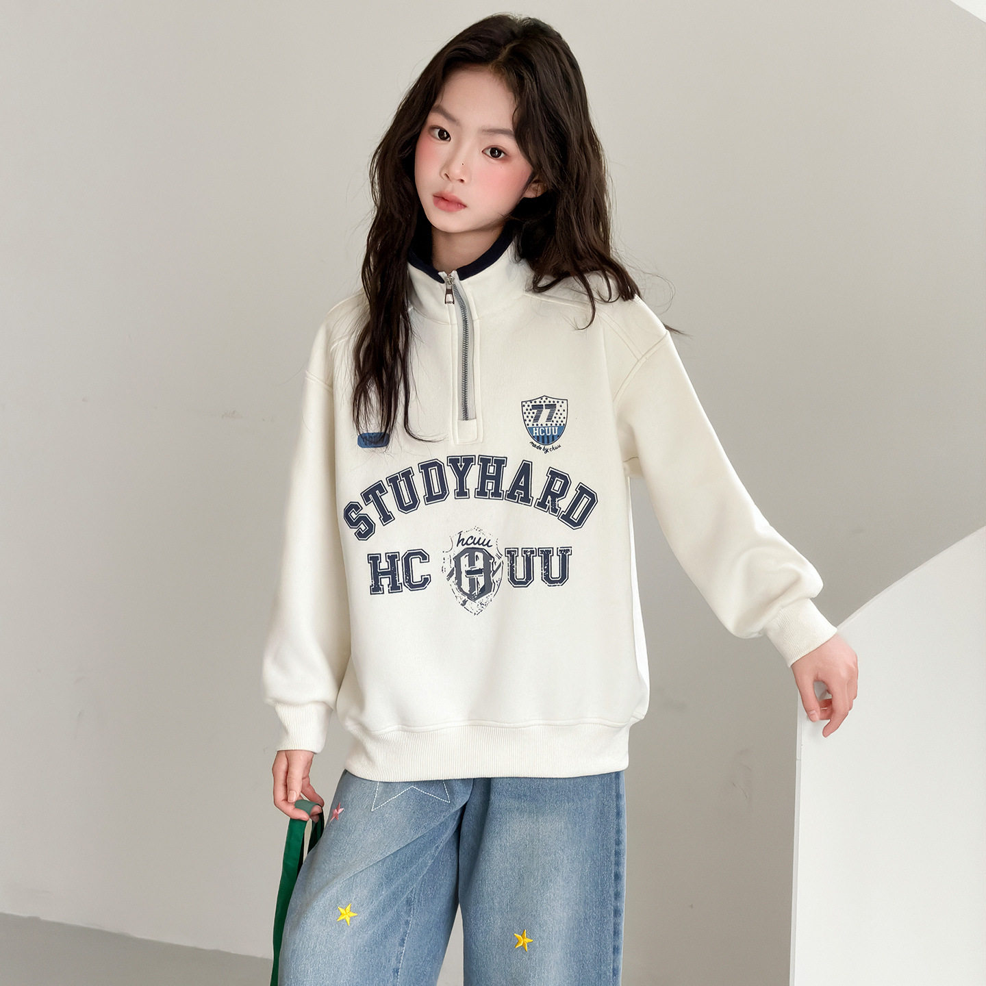 女童卫衣春季2025新款儿童洋气时髦春装女孩运动上衣直筒牛仔裤潮