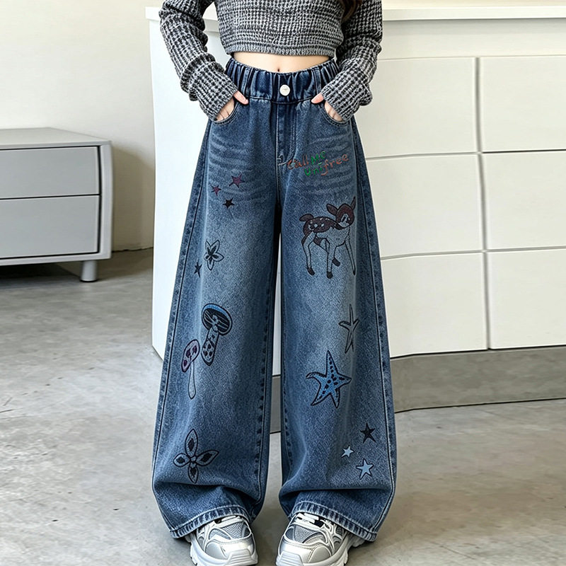 2026秋季新款小学初中学生高腰直筒宽松牛仔裤女童中大童洋气裤子