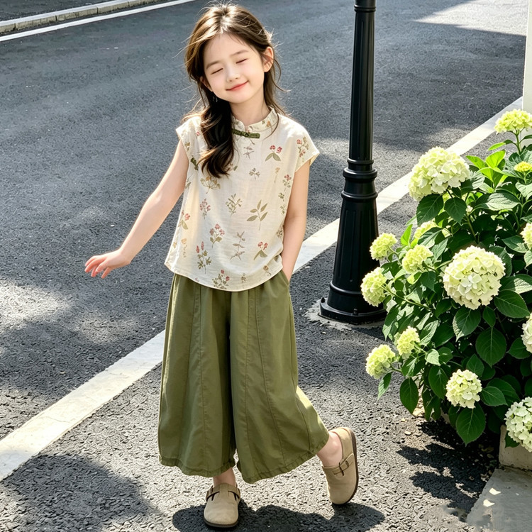 女童新中式旗袍套装2026夏季新款碎花短袖上衣阔腿裤气质绿色高级