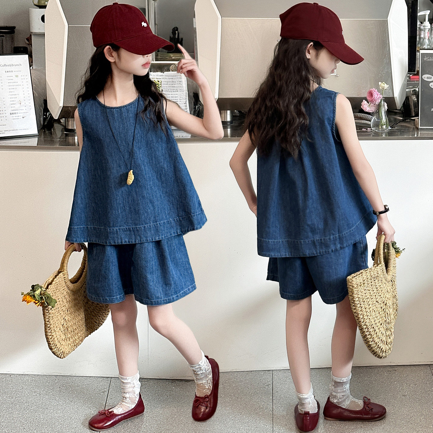 女童夏季牛仔套装新款儿童薄款背心中大童无袖短裤女孩洋气两件套