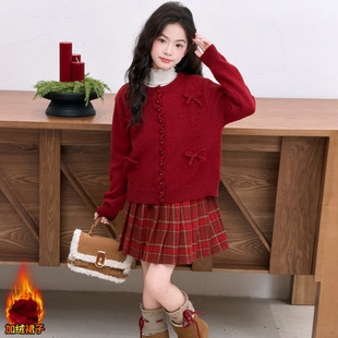 女童巨好看冬装红色毛衣套装裙子中大童小女孩洋气年服加绒百褶裙