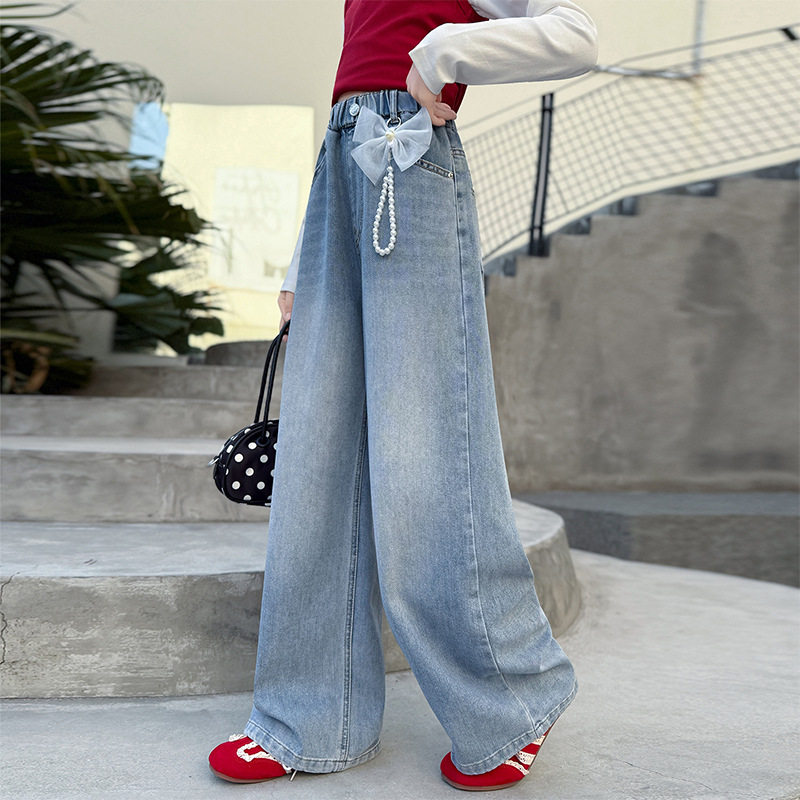女童裤子春款2026新款韩版中大童洋气牛仔裤儿童春装阔腿裤休闲裤