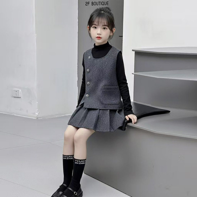 女童套装学院风秋冬小香风儿童马甲套头洋气上衣毛呢小姨风三件套