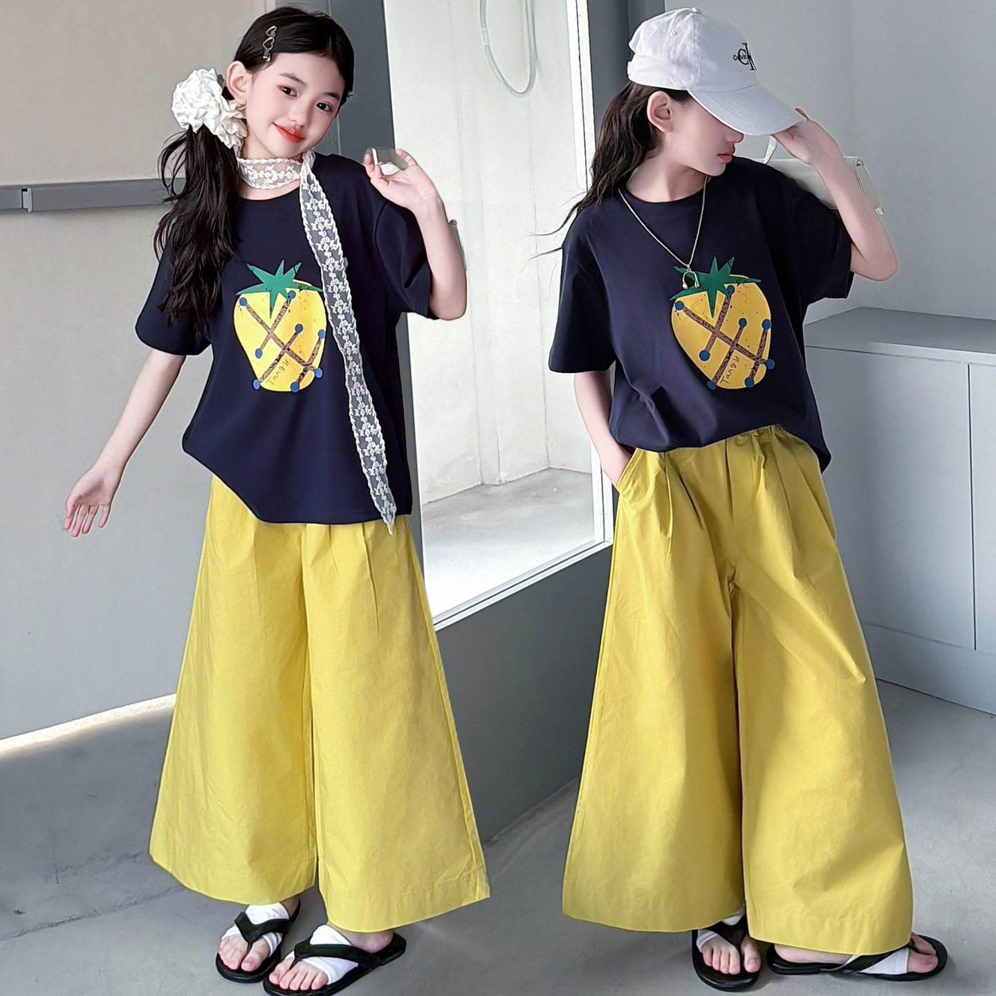 女童2026夏季新款时髦洋气薄款宽松短袖T恤休闲阔腿长裤两件套装