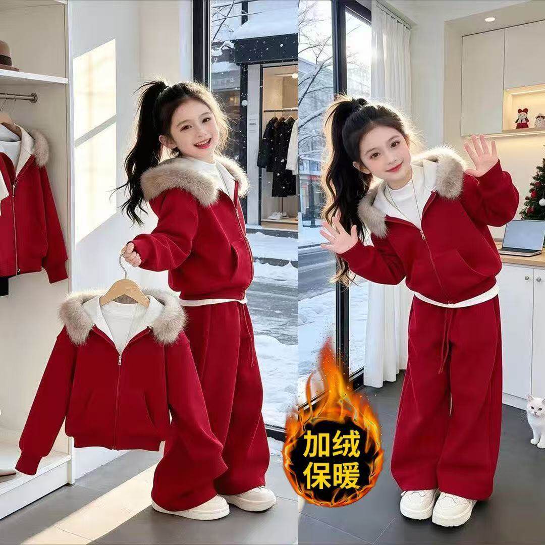 童装女童新年加绒套装2026新款冬装儿童过年衣服红色卫衣卫裤潮酷