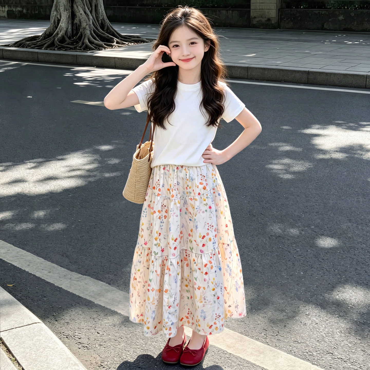 女童夏套装裙子2026新款中大童短袖t恤夏季儿童碎花半身裙两件套