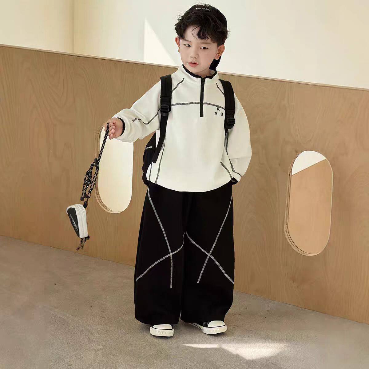 男童半拉链卫衣套装2026春季新款儿童装宝宝百搭阔腿休闲裤两件套