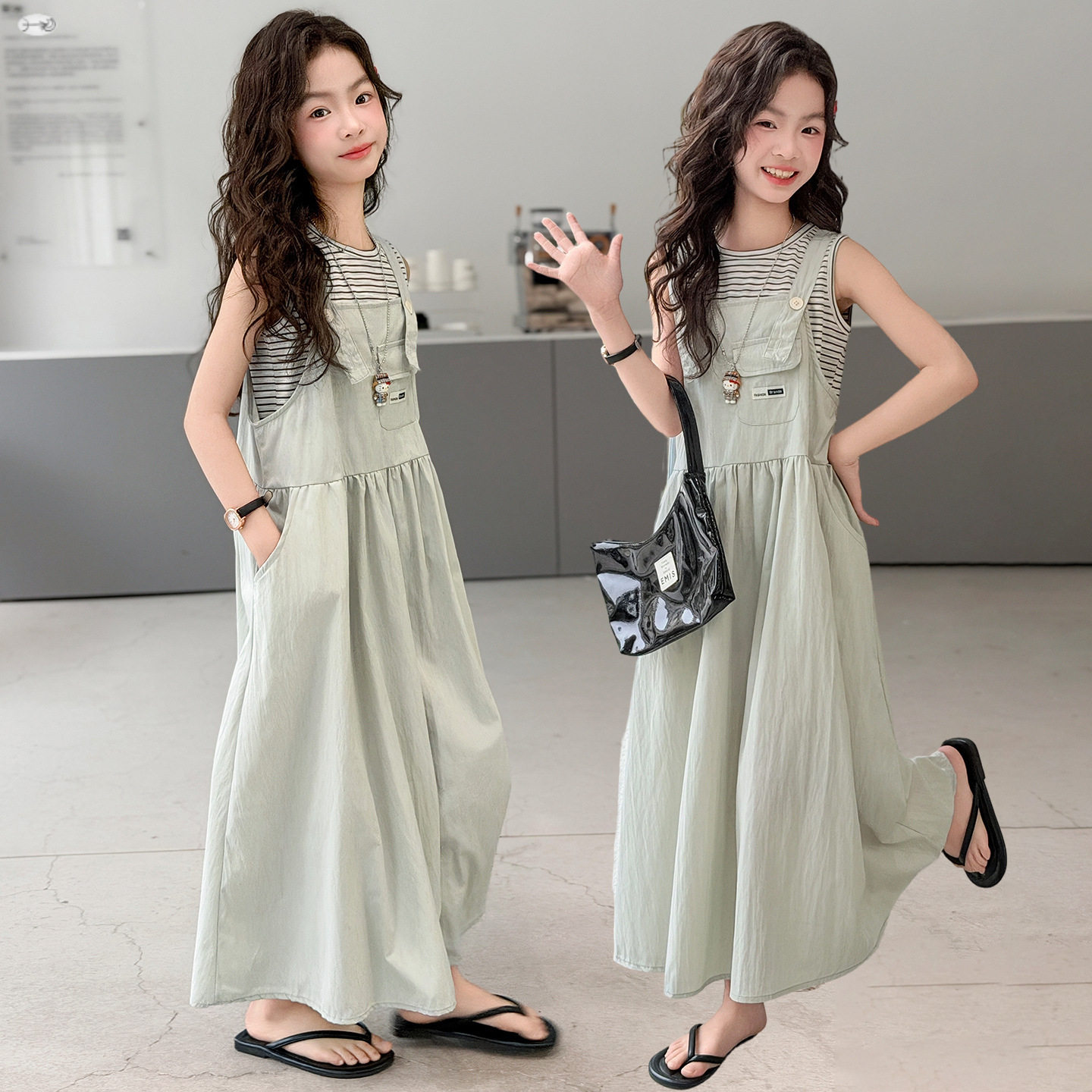 女童背带裙套装2026夏季新款儿童洋气吊带裙夏装女孩条纹背心两件