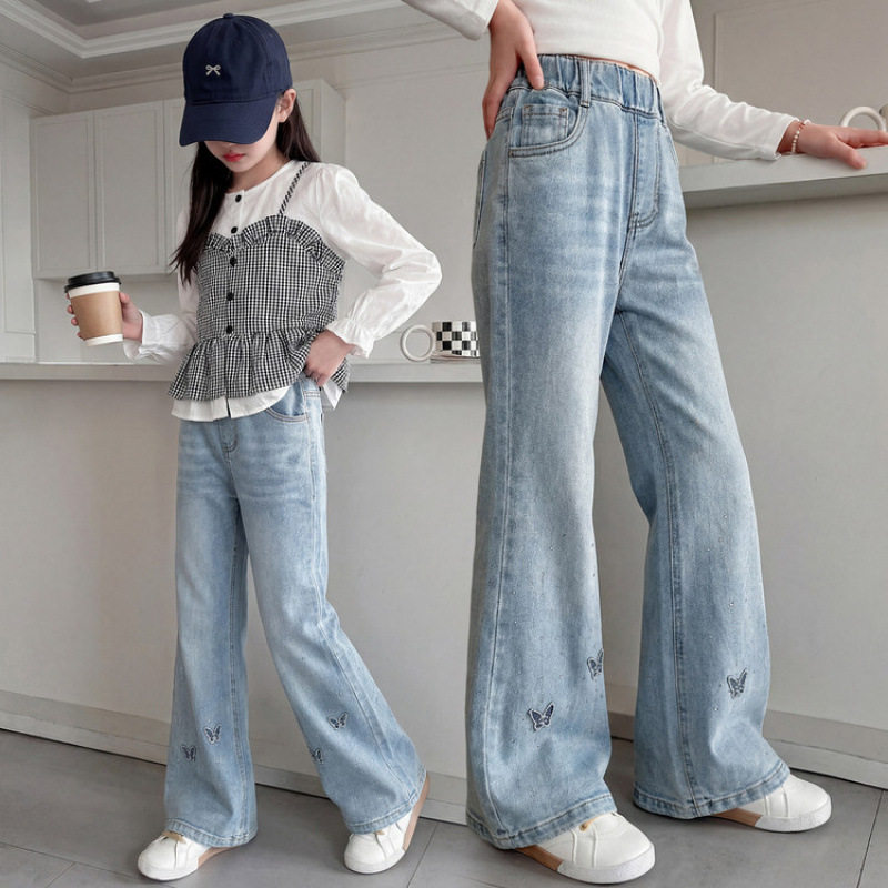 女童牛仔裤春秋时髦洋气春款大童烫钻阔腿裤春季网红炸街儿童裤子