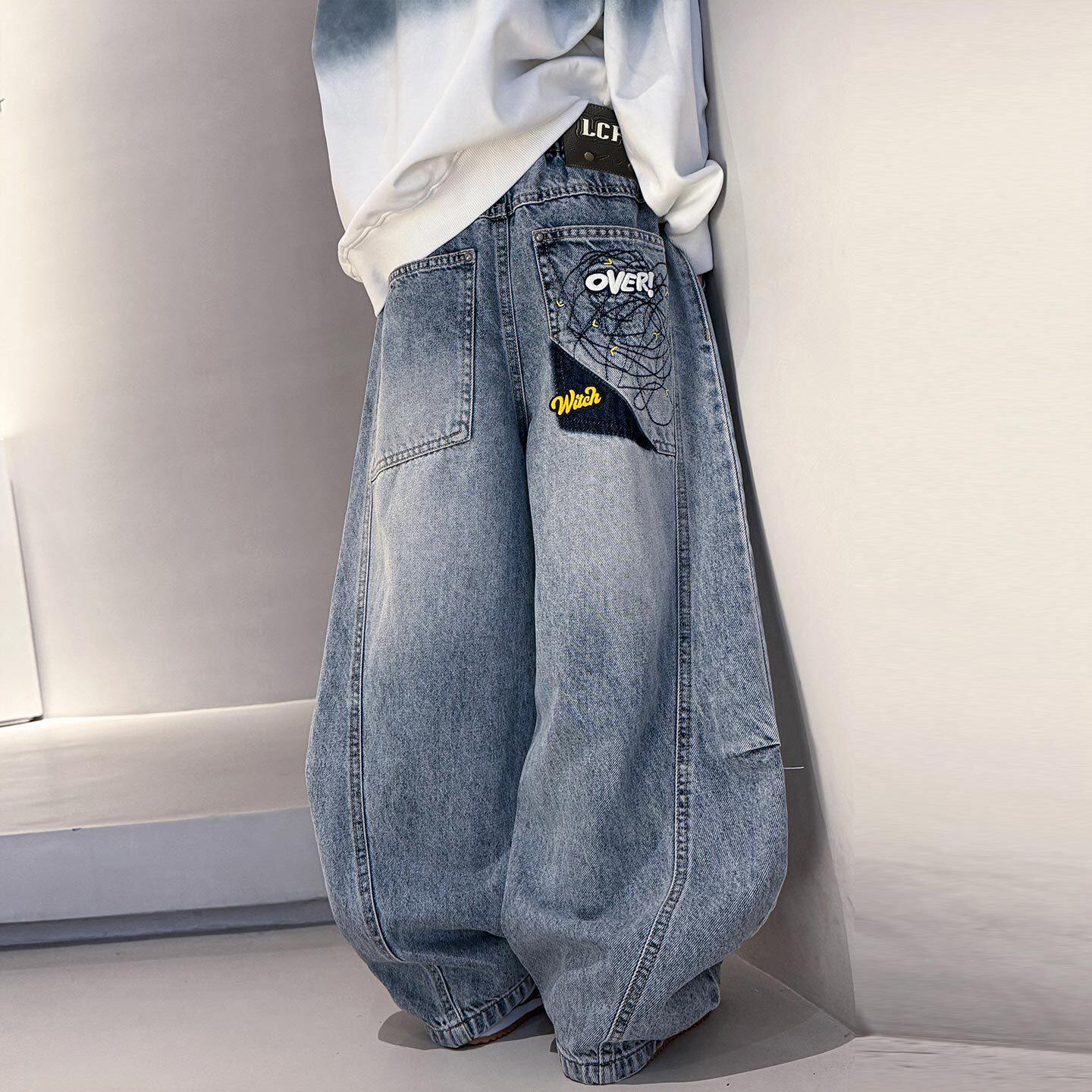 男童弯刀裤春秋款2026新款男孩时髦阔腿裤大童牛仔裤儿童春装裤子