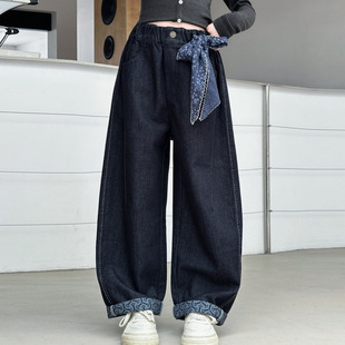 女童花纹翻边牛仔裤新款秋冬女孩百搭加绒弯刀休闲裤宽松直筒裤子