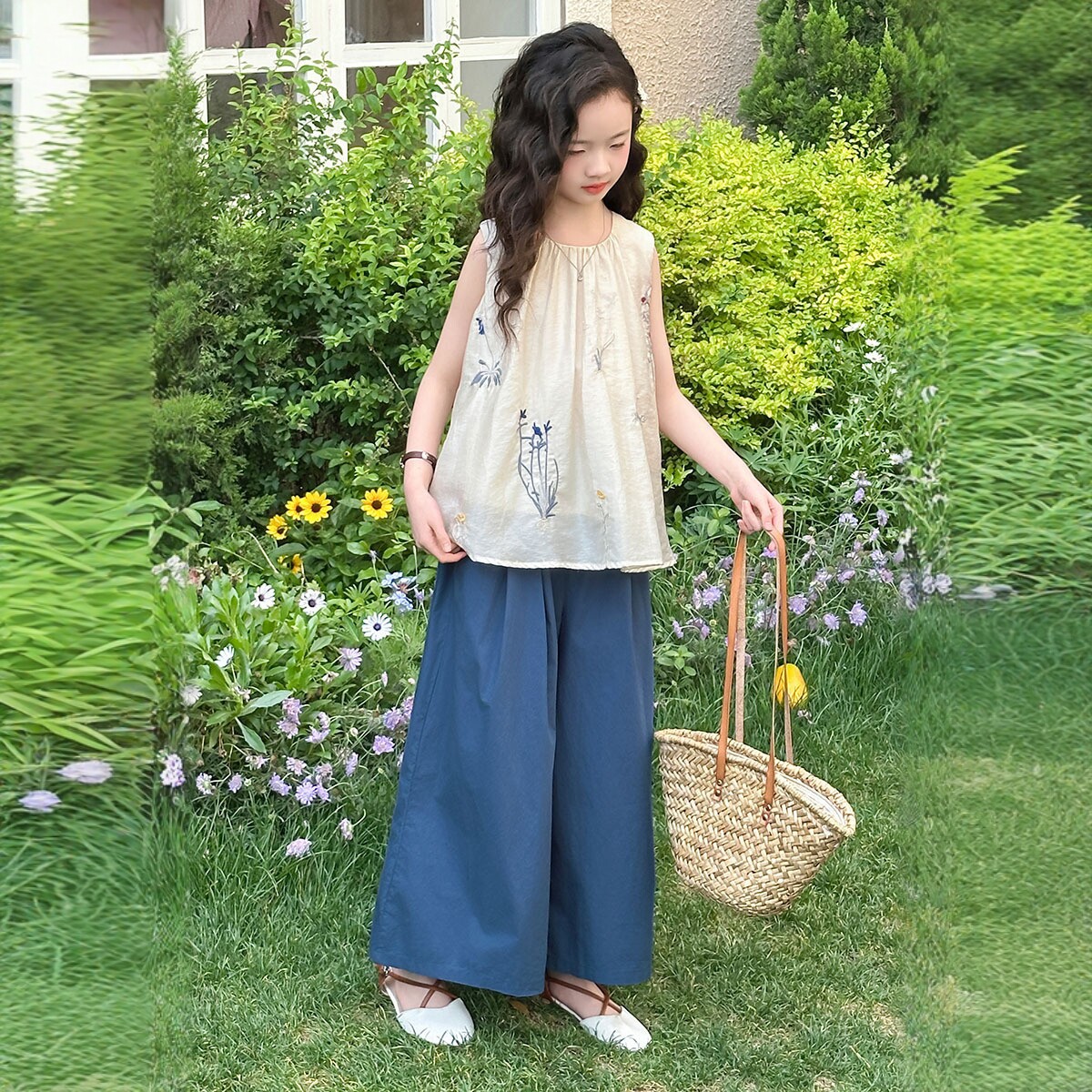 女童夏季苎麻刺绣无袖套装阔腿裤两件套韩版宽松休闲潮范中大童