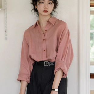 日系百搭简约玫瑰粉衬衫女长袖上衣春季小众新款设计感立领衬衣潮