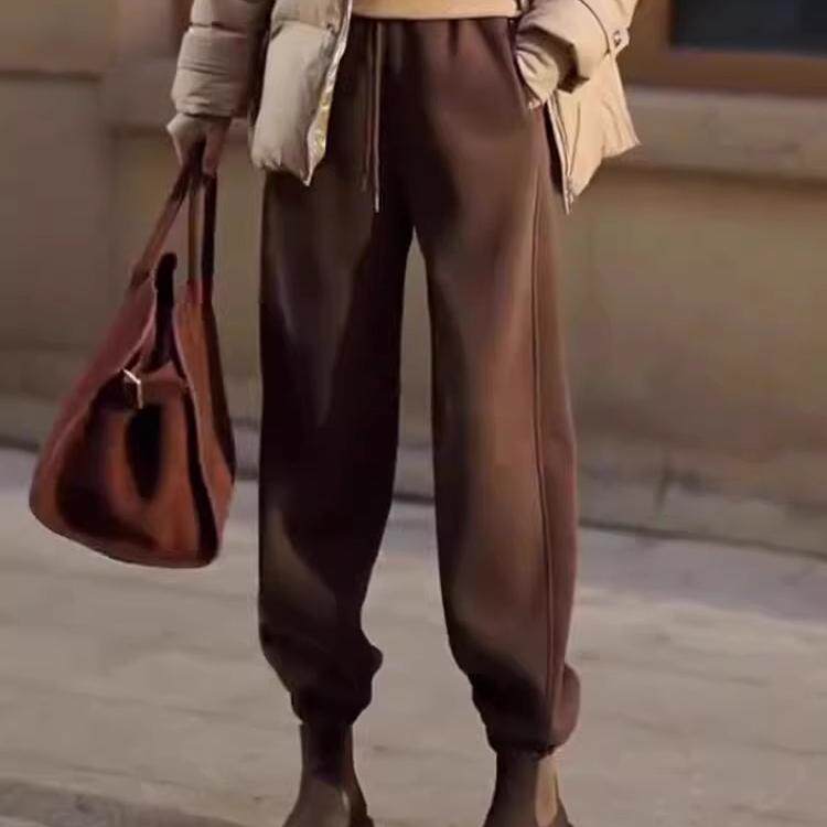 休闲裤女2024年冬季新款时尚加绒加厚松紧腰宽松高腰束脚遮肉长裤,女装/女士精品,卫裤,淘宝优惠券,粉丝福利购,淘宝优惠卷