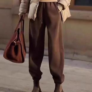 加绒加厚松紧腰宽松高腰束脚遮肉长裤 休闲裤 时尚 新款 女2024年冬季