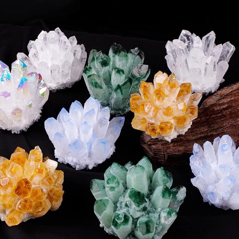 天然白水晶紫晶簇 黄水晶绿幽灵晶簇矿标家居消磁风水工艺品摆件