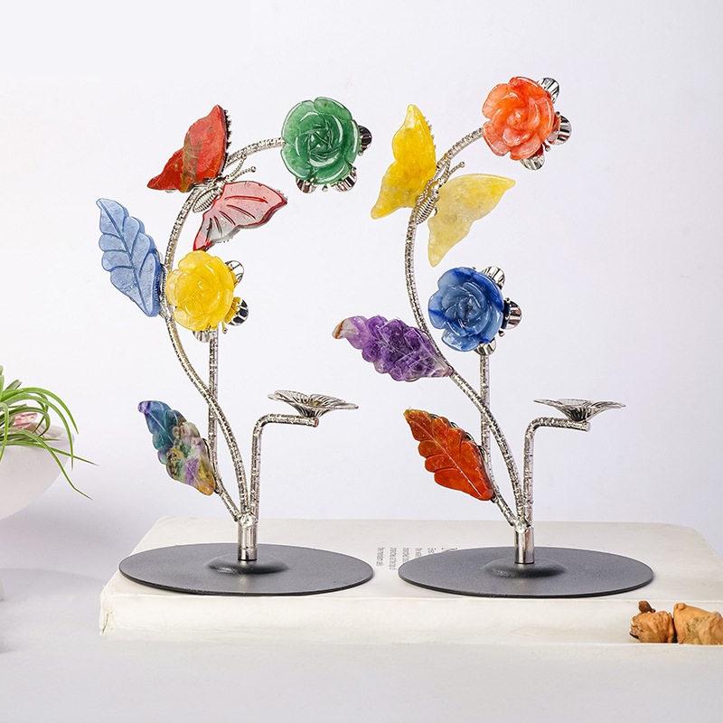 水晶原石蝴蝶玫瑰花摆件创意水晶半宝石雕刻件水晶球支架轻奢摆件