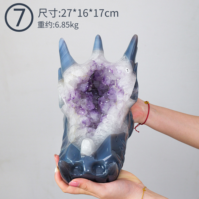 东海县水晶玛瑙龙头雕刻件玛瑙晶洞龙头骨摆件家居办公氛围装饰品