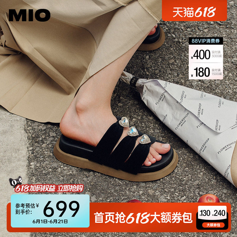 MIO米奥夏季女拖鞋柔软一字带式爱心彩钻舒适时髦一字拖