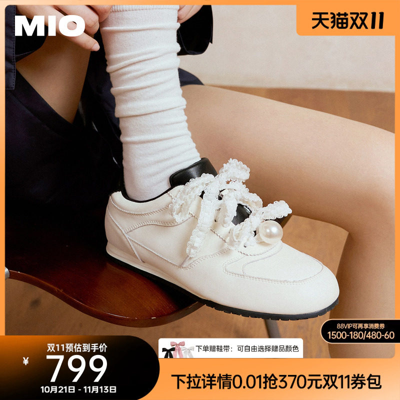 MIO米奥蕾丝德训鞋2026春季新款薄底珍珠单鞋运动鞋芭蕾皮鞋女鞋