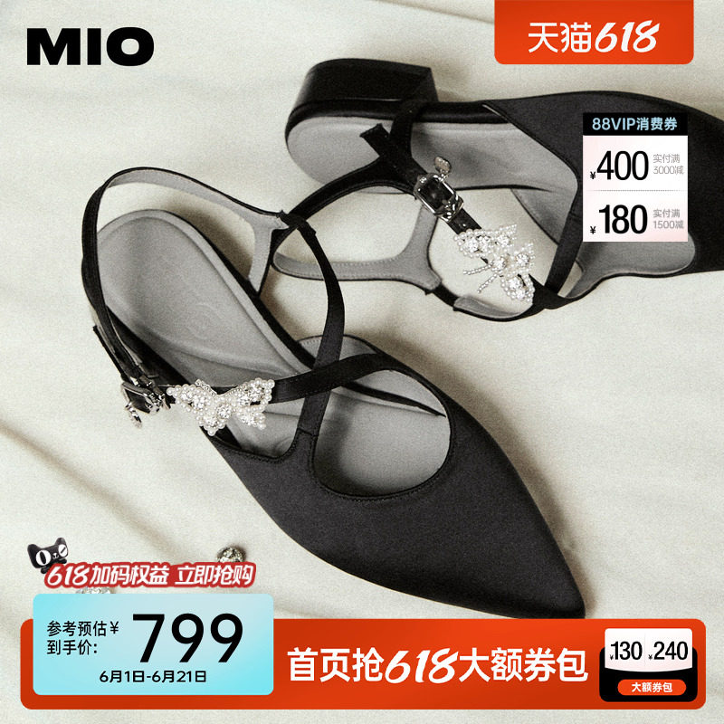 MIO米奥尖头凉鞋女鞋2026夏季新款珍珠蝴蝶结后空法式低跟单鞋