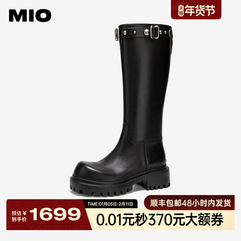 MIO米奥机车骑士靴厚底5cm女鞋冬季新款韩系铆钉黑色牛皮革长靴