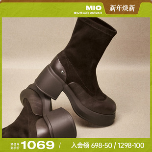 MIO米奥弹力靴2025冬季 袜靴圆头高跟增高厚底瘦瘦靴短靴女靴 新款