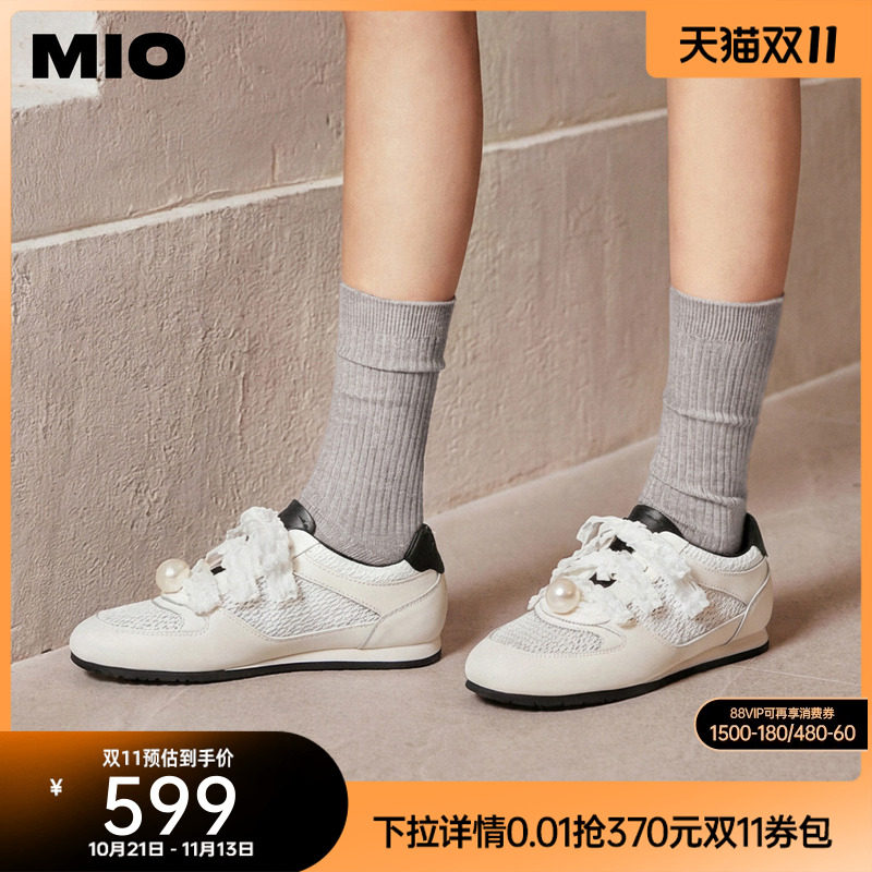 MIO米奥网面德训鞋2026秋季新款芭蕾珍珠薄底运动女鞋皮鞋休闲鞋
