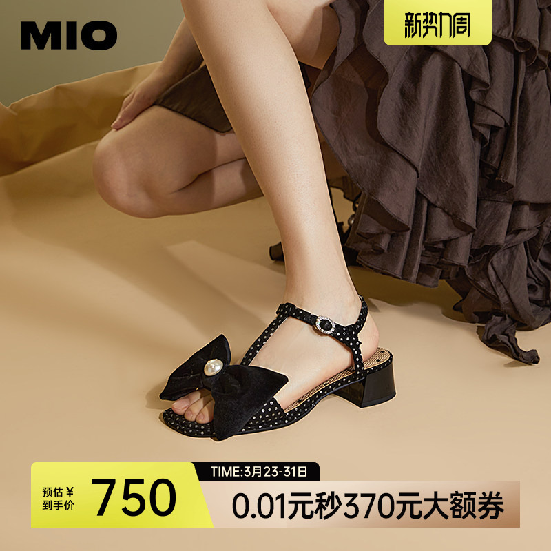 MIO米奥夏季拼色中跟凉鞋珍珠蝴蝶结俏皮通勤时装凉鞋女
