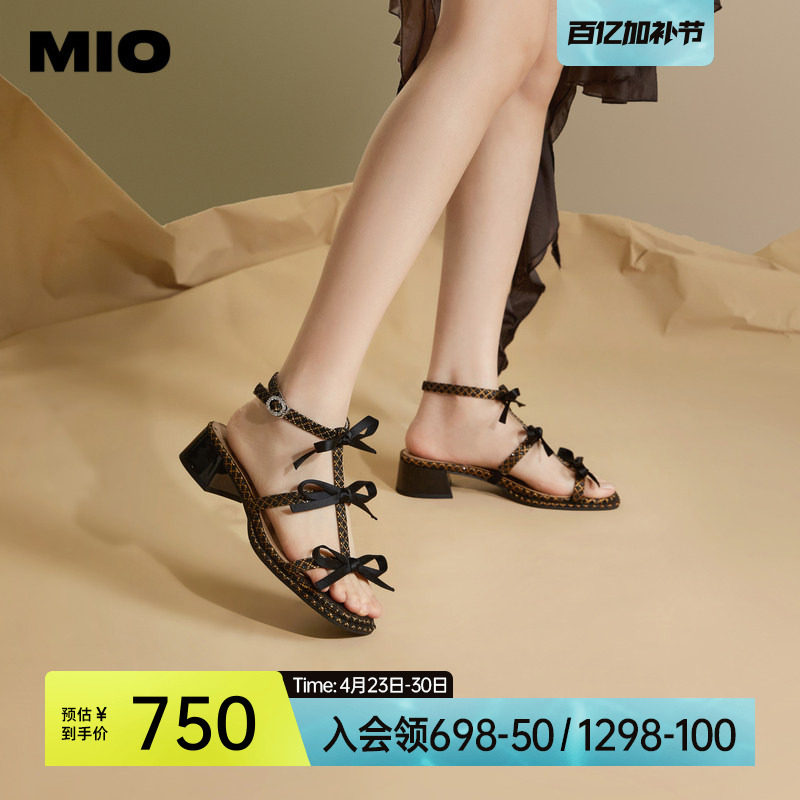 MIO米奥夏季拼色方头时装凉鞋蝴蝶结中跟时尚个性凉鞋女鞋