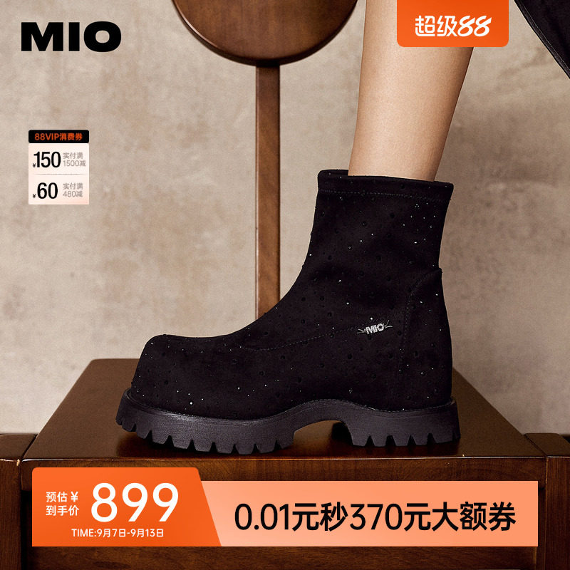 MIO米奥瘦瘦靴2025冬季新款大头微翘圆头中跟厚底增高百搭女靴图片