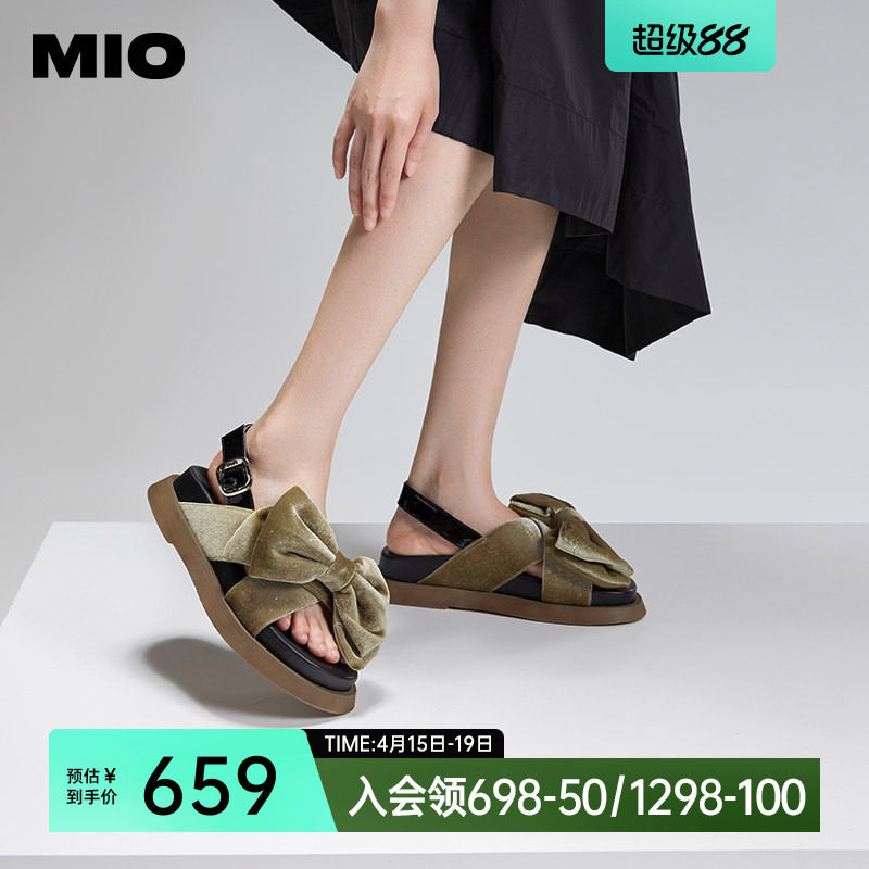 吴谨言同款MIO米奥厚底凉鞋女露趾丝绒蝴蝶结搭扣休闲外穿凉拖鞋