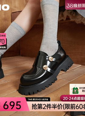 MIO米奥乐福鞋女春英伦粗跟单鞋豆豆鞋厚底黑色双搭扣轻便小皮鞋