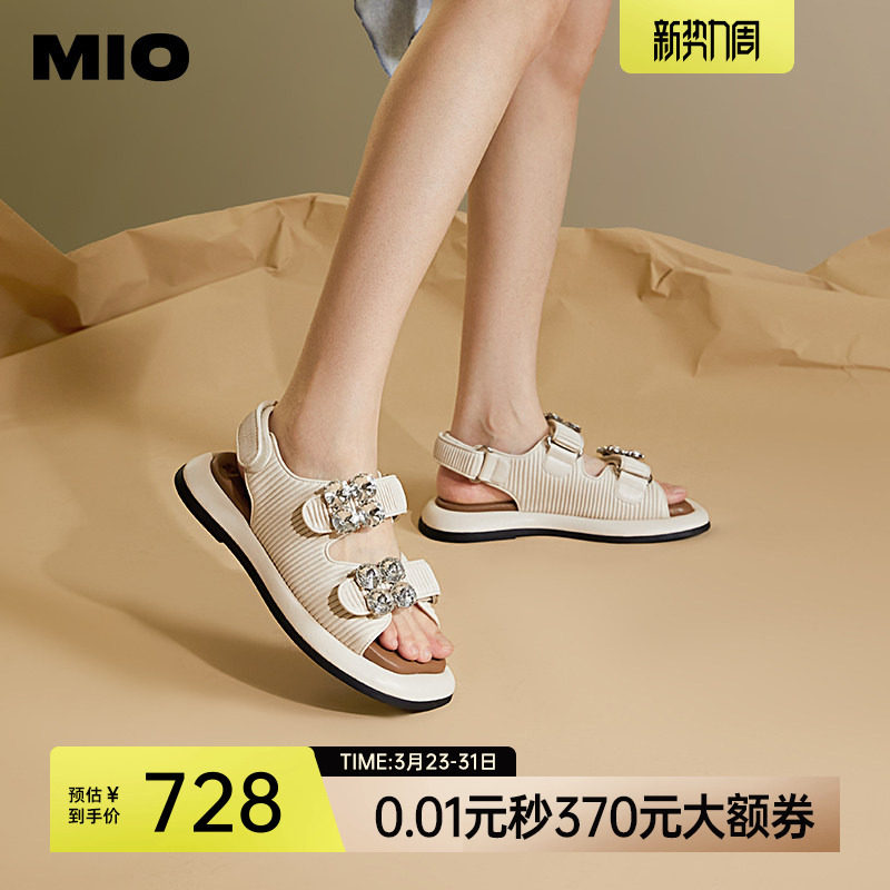 MIO米奥松糕底凉鞋夏季厚底露趾水钻魔术贴休闲拼色女鞋通勤凉拖