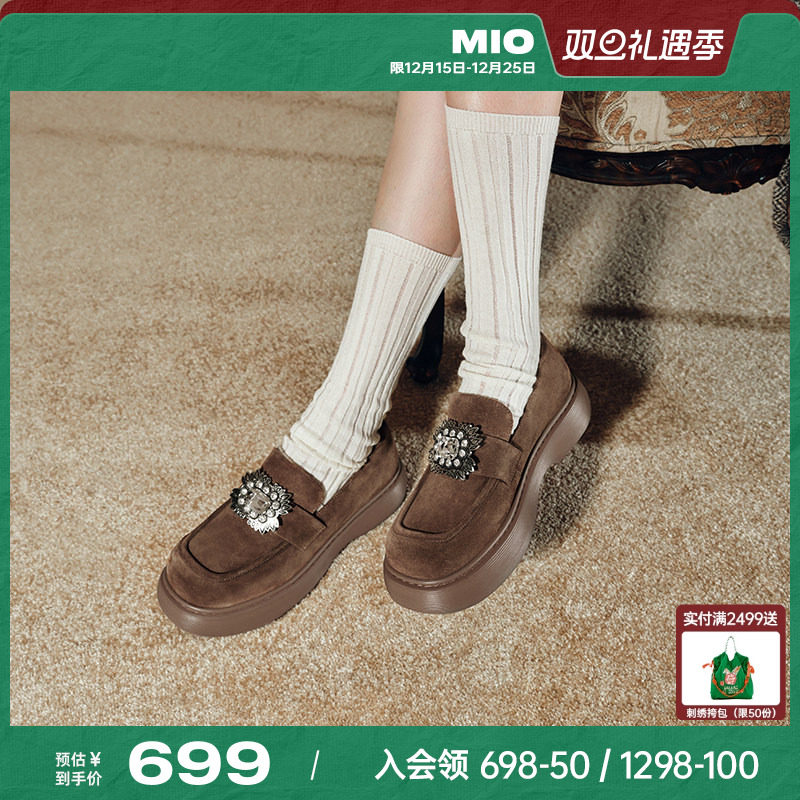 MIO米奥秋季学院风圆头厚底乐福鞋复古钻饰元素显高女鞋