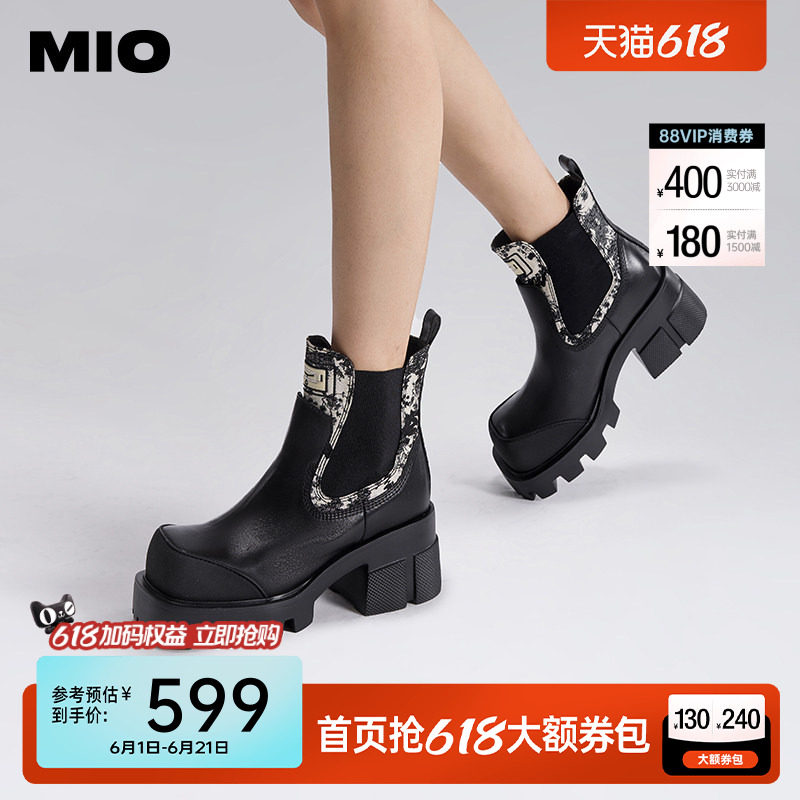 MIO米奥国风女靴冬季方头厚底高跟拼色弹力马丁靴时髦切尔西靴子