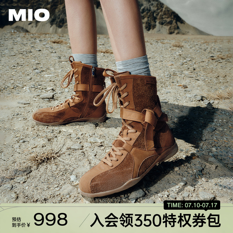 MIO米奥高帮赛车靴女2025新款系带拳击靴户外工装马丁靴绑带长靴