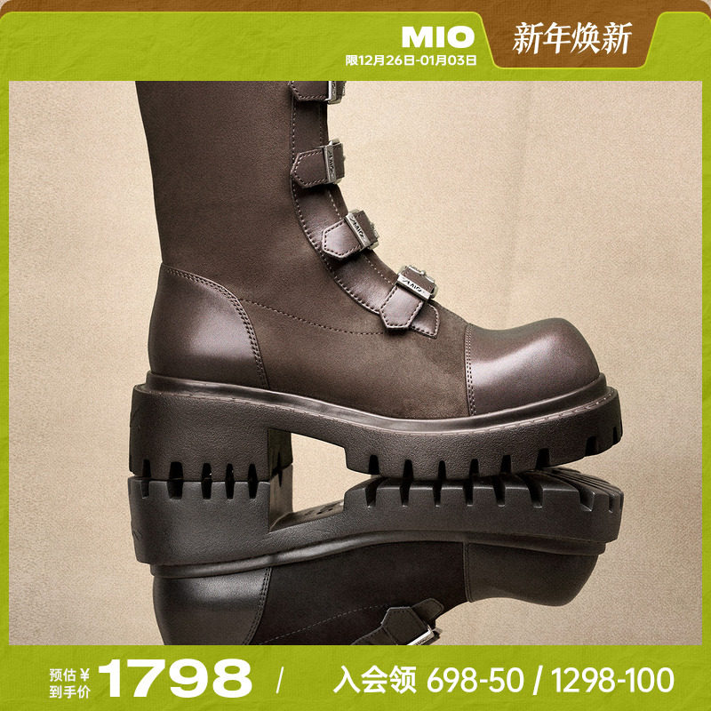 MIO米奥机车骑士靴女款西部牛仔皮扣带2025冬季新款高筒朋克长