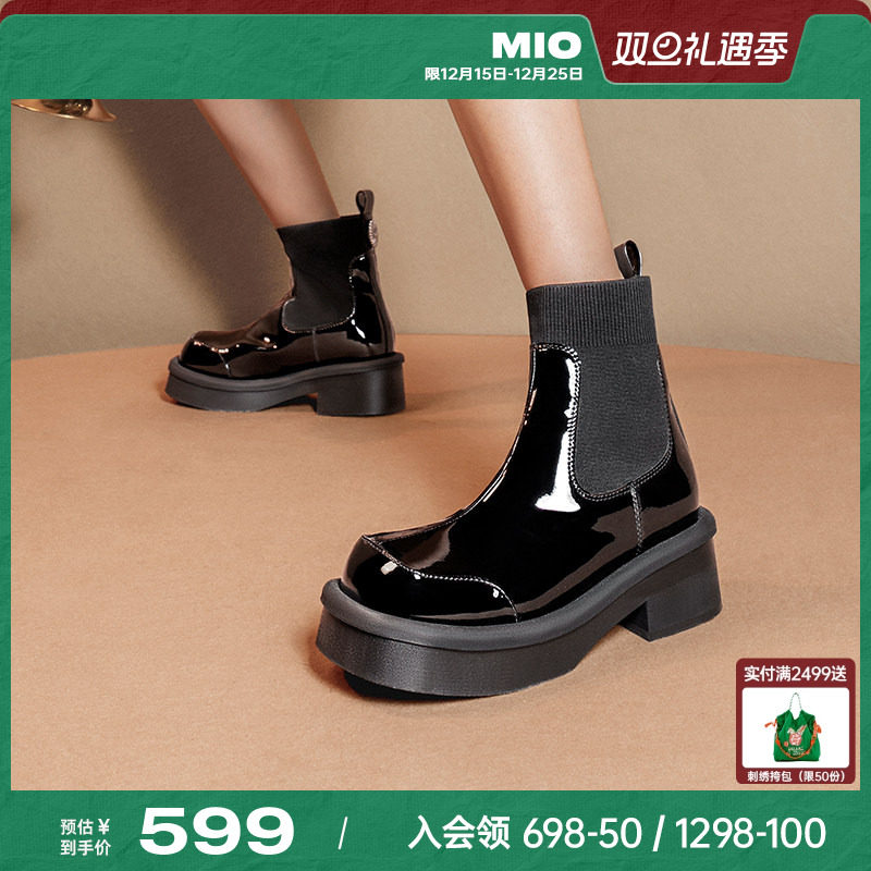 MIO米奥冬季方头中跟显高厚底切尔西靴时尚复古弹力拼接靴短筒靴