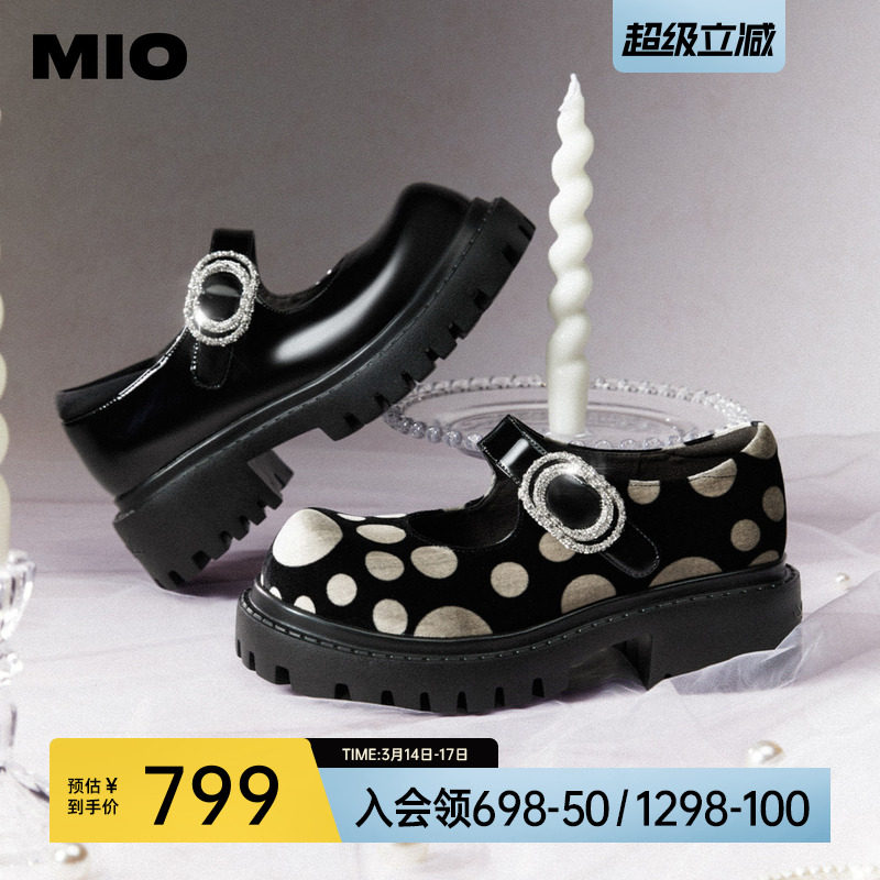 MIO米奥玛丽珍鞋春夏款时尚波点魔术贴厚底增高5cm扣饰单鞋女