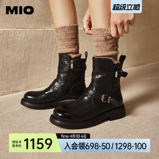 MIO米奥加绒褶皱马丁靴金属粗跟靴子冬新款 牛皮革切尔西短靴 女鞋
