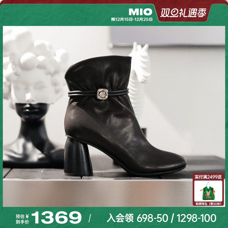 MIO米奥时装靴2025冬新款圆头高跟厚底百搭绒面瘦瘦靴羊皮短筒