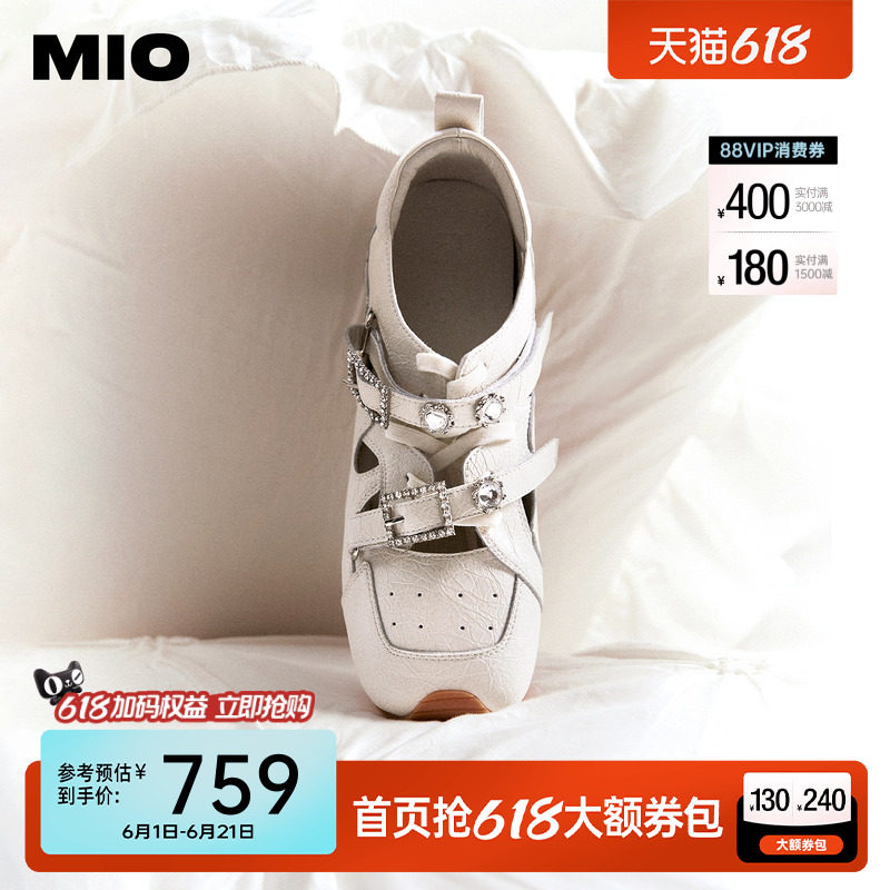 MIO米奥芭蕾运动玛丽珍2026春新款闪钻绑带女阿甘舞鞋裂纹皮单鞋